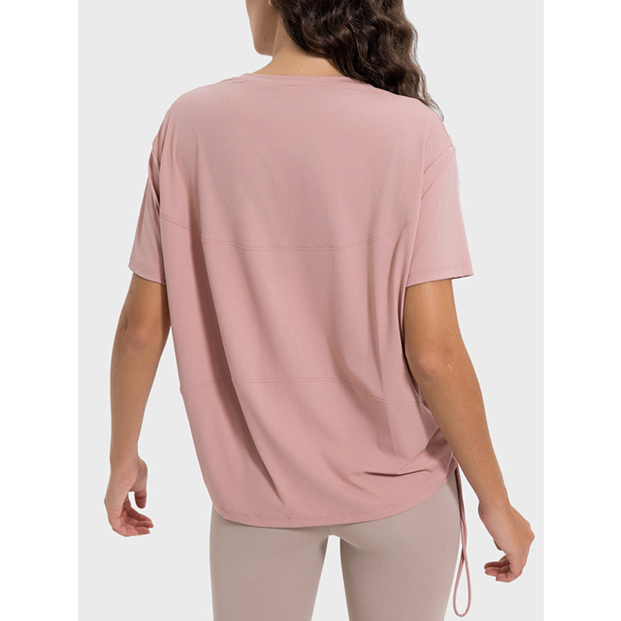 Drawstring Round Neck Short Sleeve Active T-Shirt Dusty Pink / 4 Apparel and Accessories