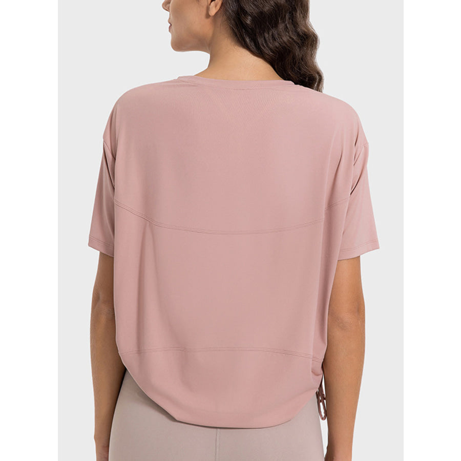 Drawstring Round Neck Short Sleeve Active T-Shirt Apparel and Accessories