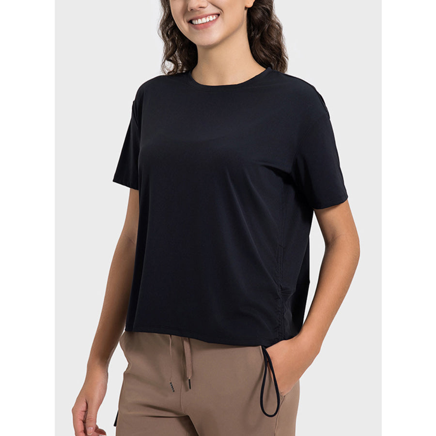 Drawstring Round Neck Short Sleeve Active T-Shirt Black / 4 Apparel and Accessories