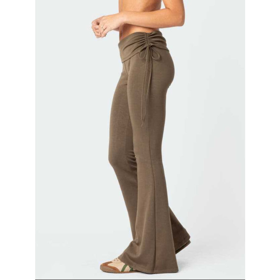 Drawstring Ruched Flare Pants Coffee Brown / S Apparel and Accessories