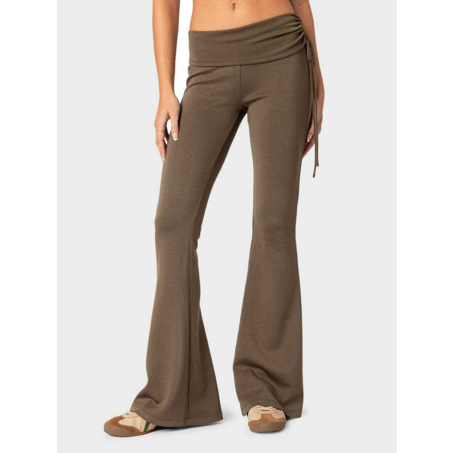 Drawstring Ruched Flare Pants Coffee Brown / S Apparel and Accessories