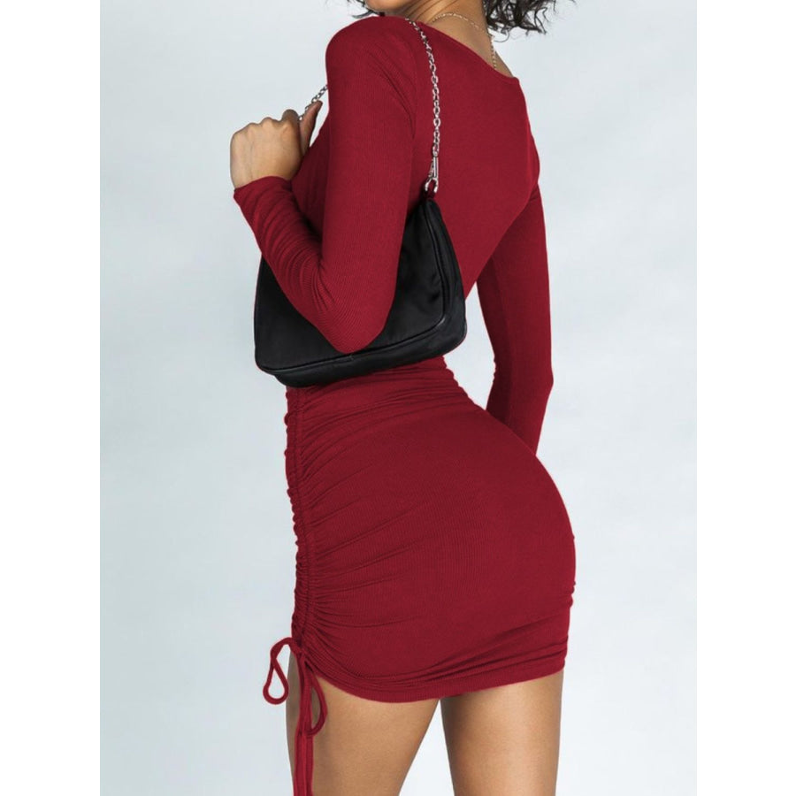 Drawstring Ruched Long Sleeve Mini Dress Apparel and Accessories