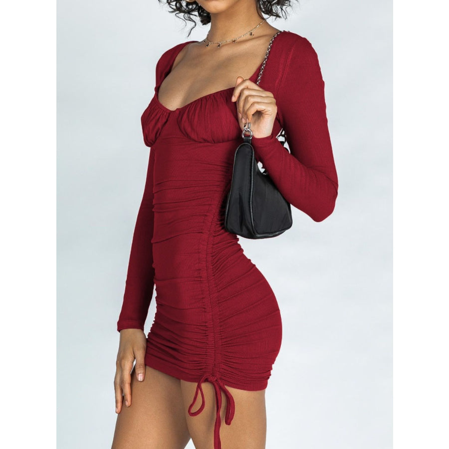 Drawstring Ruched Long Sleeve Mini Dress Apparel and Accessories