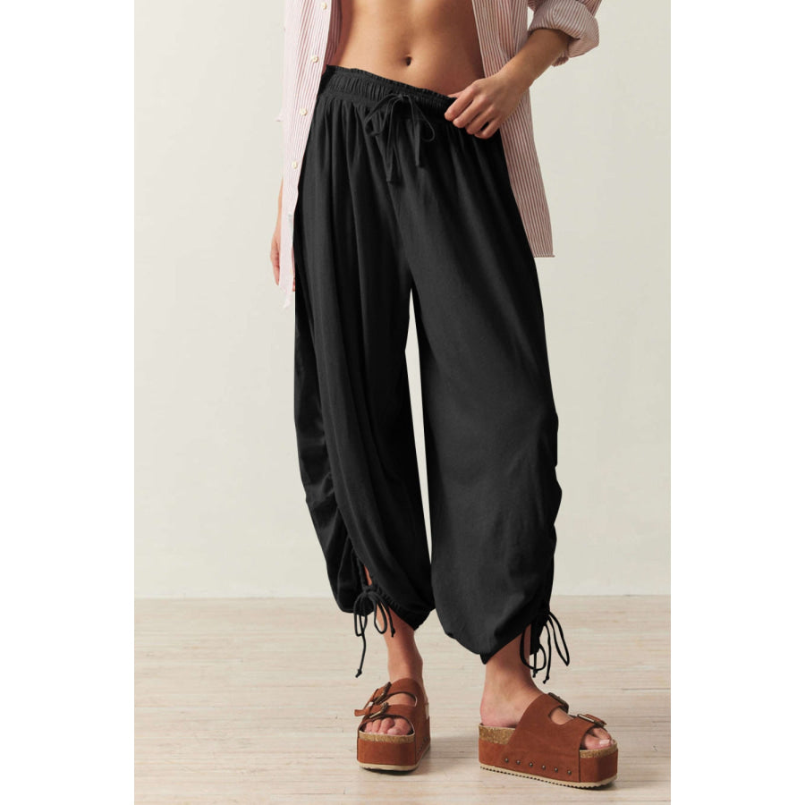 Drawstring Ruched Pants Black / S Apparel and Accessories