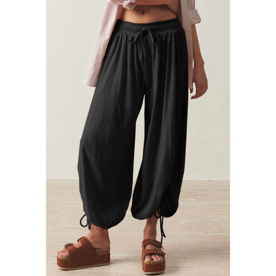Drawstring Ruched Pants Black / S Apparel and Accessories