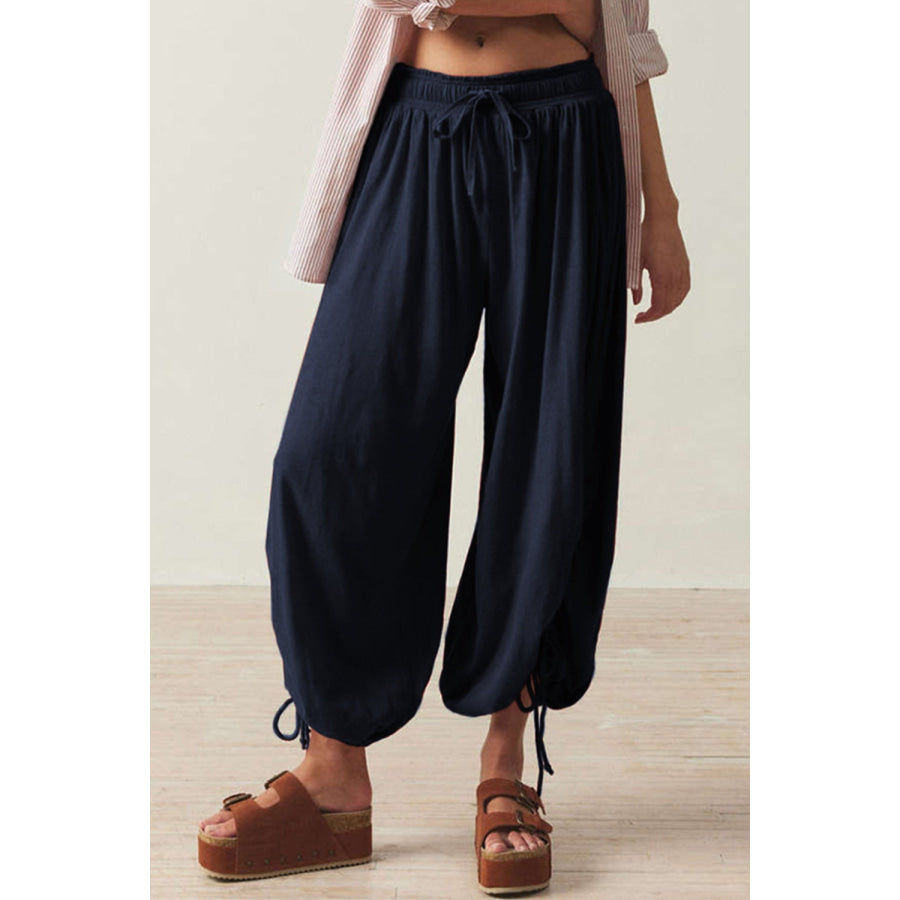 Drawstring Ruched Pants Dark Navy / S Apparel and Accessories