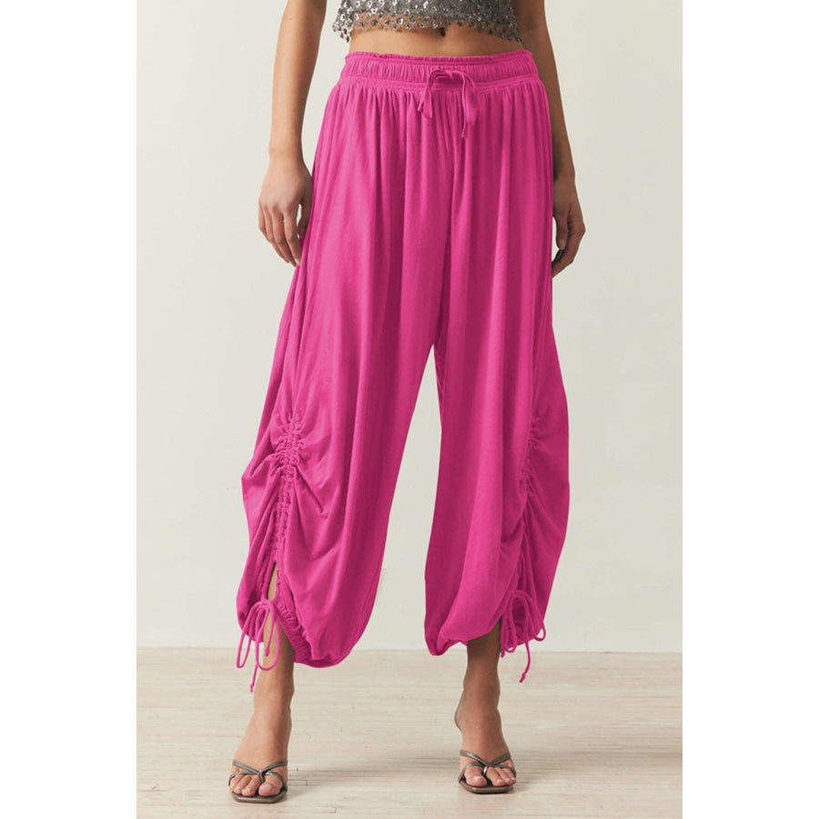 Drawstring Ruched Pants Hot Pink / S Apparel and Accessories