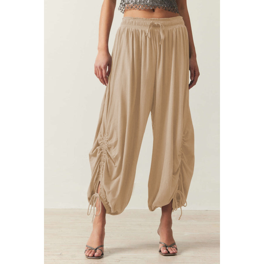 Drawstring Ruched Pants Tan / S Apparel and Accessories