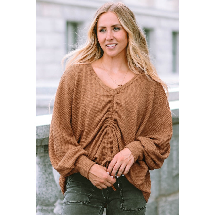 Drawstring Ruched V-Neck Blouse Camel / S