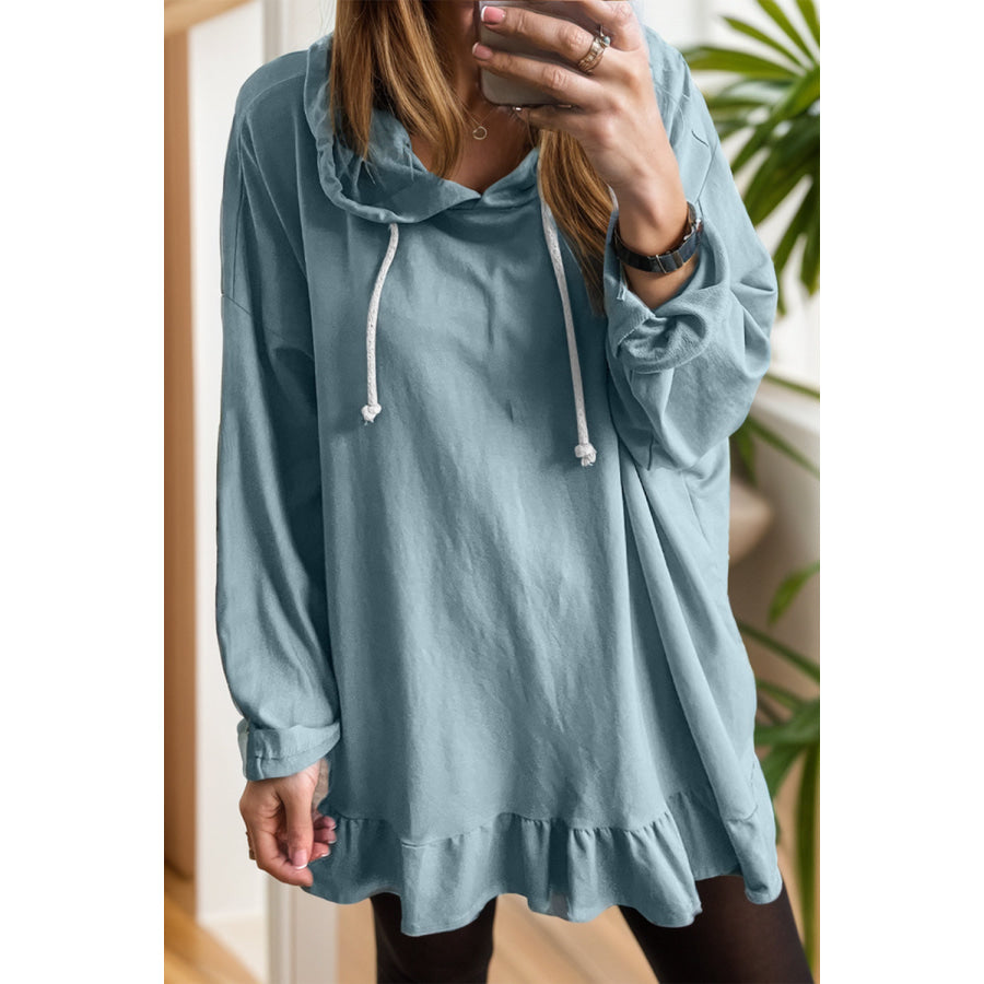 Drawstring Ruffled Dropped Shoulder Long Sleeve Hoodie Air Force Blue / S Apparel and Accessories