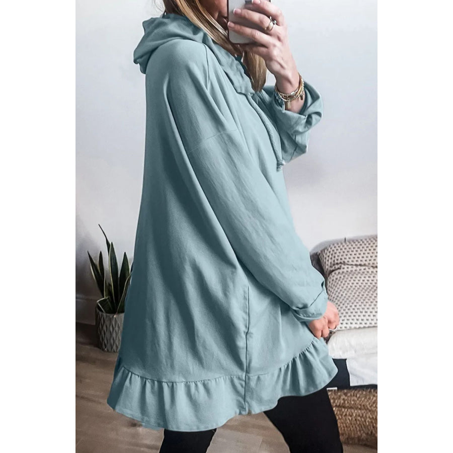 Drawstring Ruffled Dropped Shoulder Long Sleeve Hoodie Apparel and Accessories