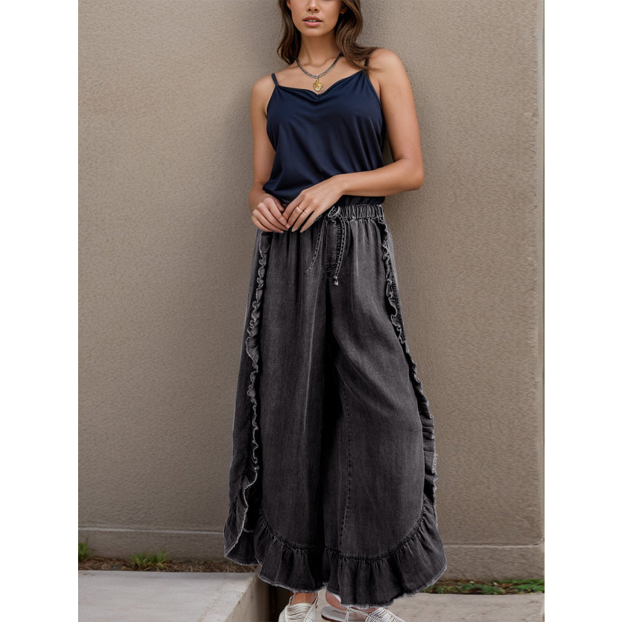 Drawstring Ruffled Wide Leg Jeans Black / S Apparel and Accessories