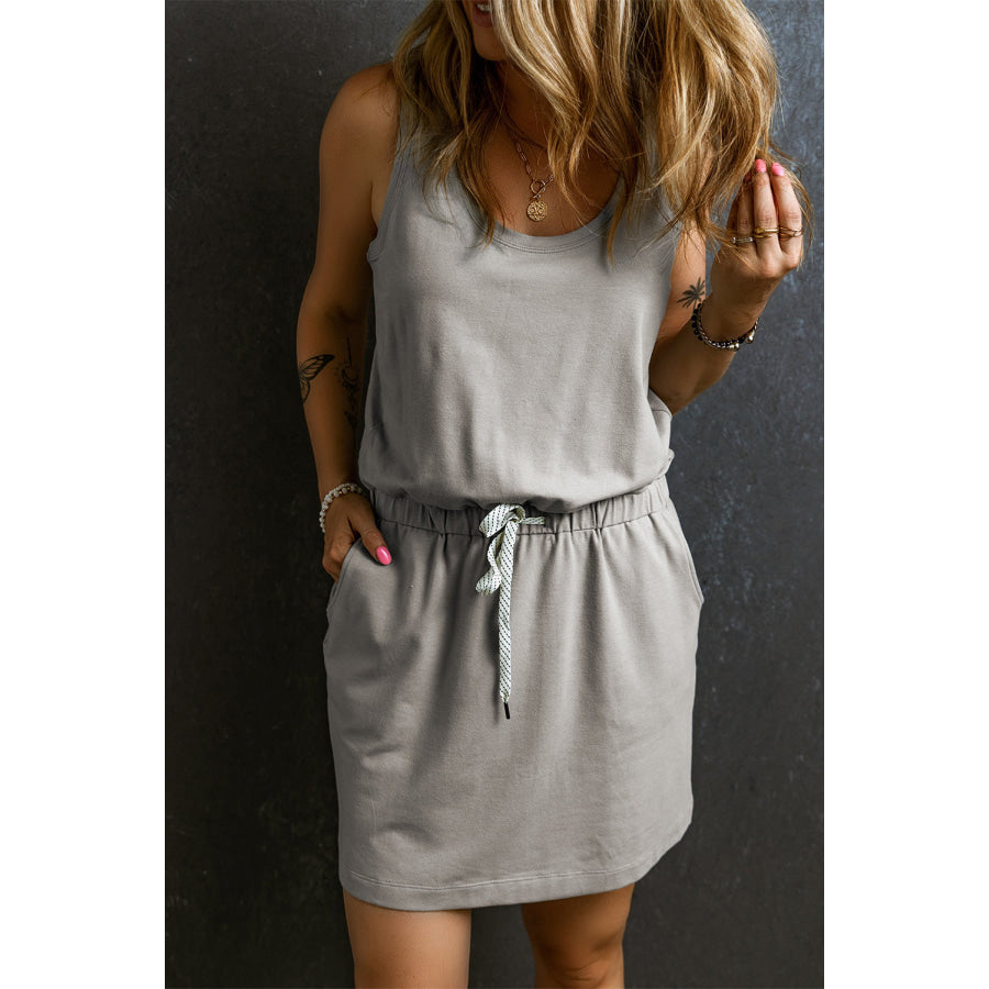 Drawstring Scoop Neck Mini Dress Gray / S Apparel and Accessories