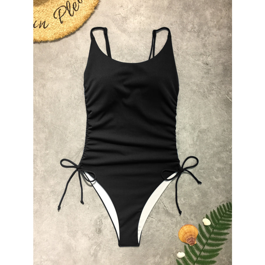 Drawstring Scoop Neck Sleeveless One-Piece Swimwear Apparel and Accessories