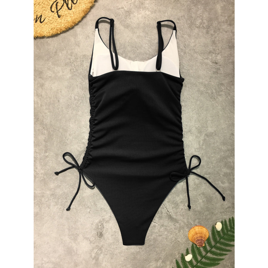 Drawstring Scoop Neck Sleeveless One-Piece Swimwear Apparel and Accessories