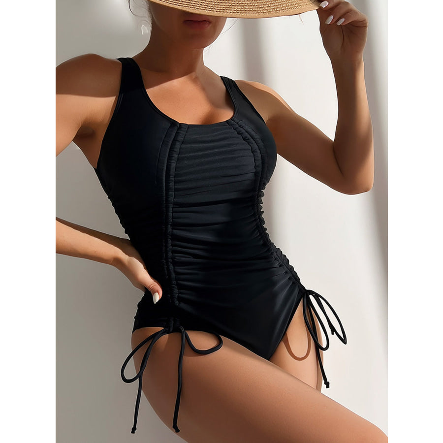 Drawstring Scoop Neck Wide Strap One - Piece Swimwear Black / S Apparel and Accessories