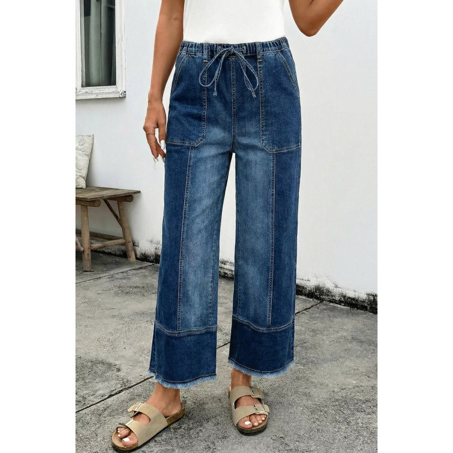 Drawstring Seam Detail Raw Hem Wide Leg Denim Pants Apparel and Accessories