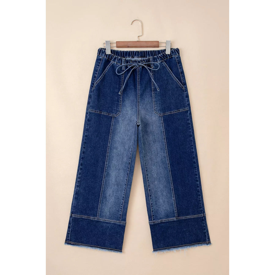 Drawstring Seam Detail Raw Hem Wide Leg Denim Pants Apparel and Accessories