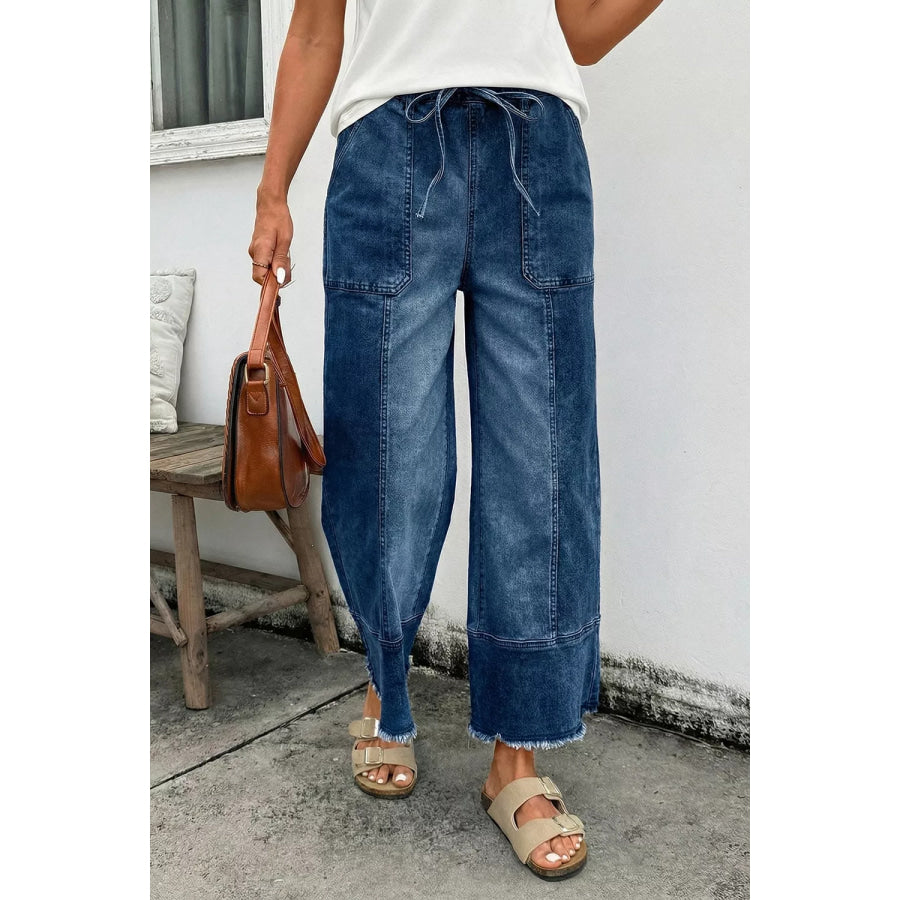 Drawstring Seam Detail Raw Hem Wide Leg Denim Pants Apparel and Accessories