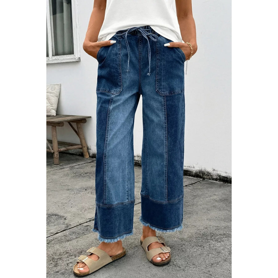 Drawstring Seam Detail Raw Hem Wide Leg Denim Pants Apparel and Accessories