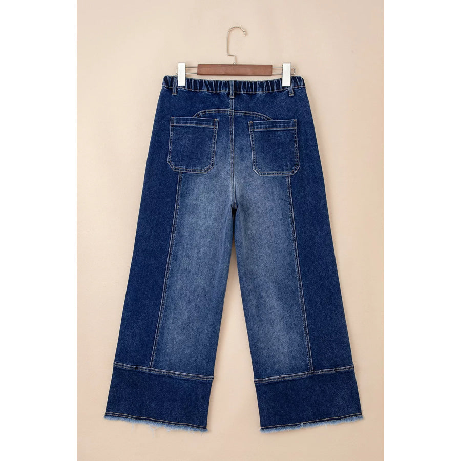 Drawstring Seam Detail Raw Hem Wide Leg Denim Pants Apparel and Accessories
