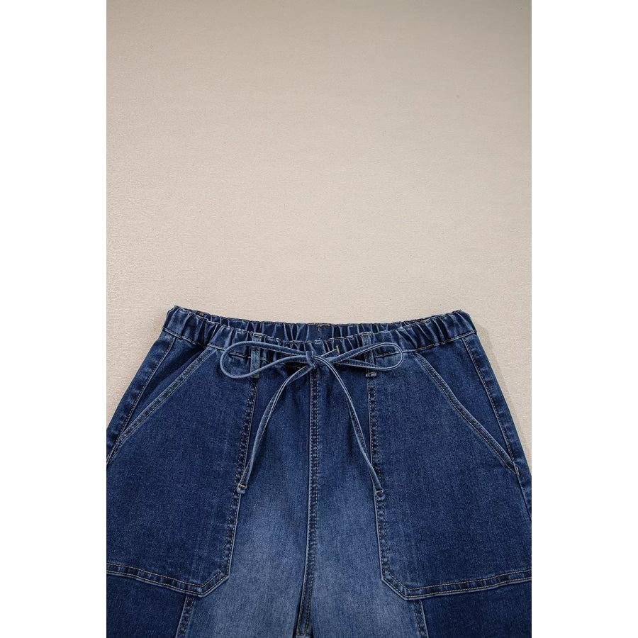 Drawstring Seam Detail Raw Hem Wide Leg Denim Pants Apparel and Accessories