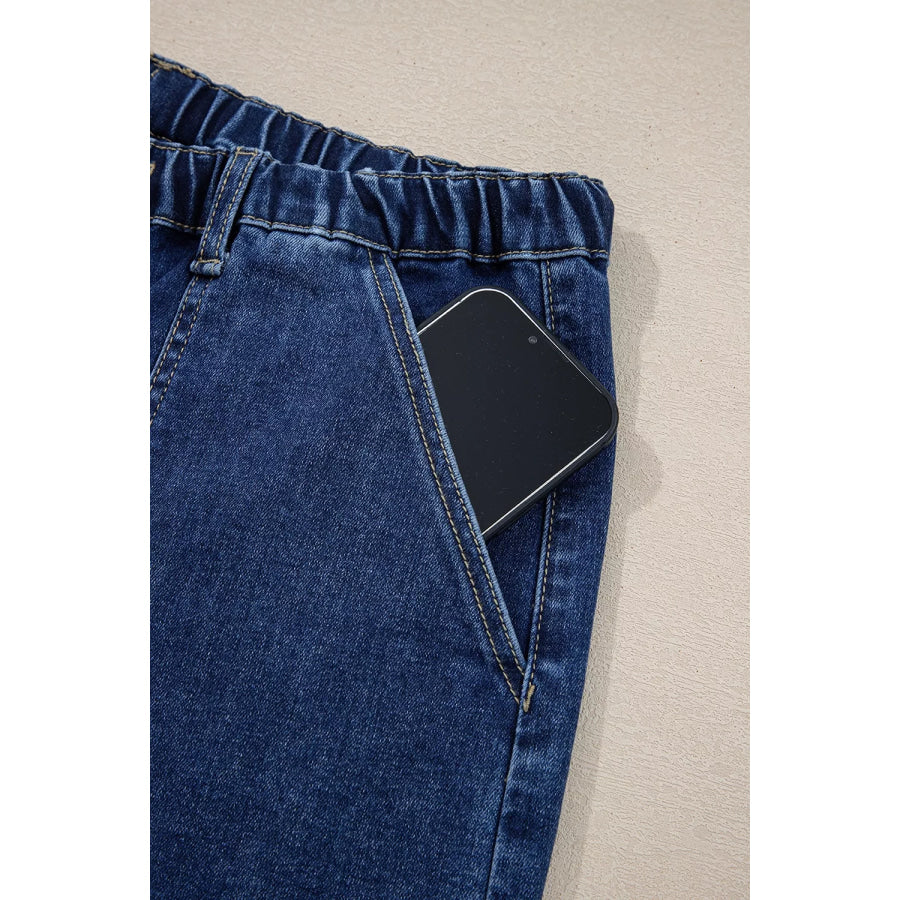 Drawstring Seam Detail Raw Hem Wide Leg Denim Pants Apparel and Accessories