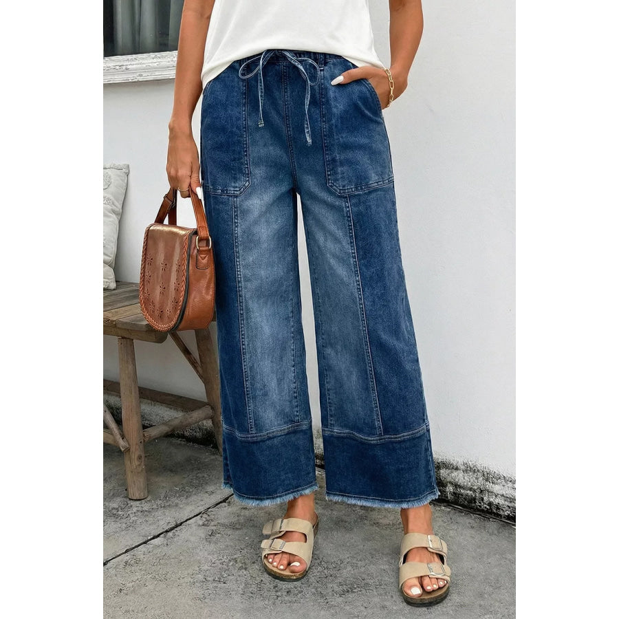 Drawstring Seam Detail Raw Hem Wide Leg Denim Pants Apparel and Accessories