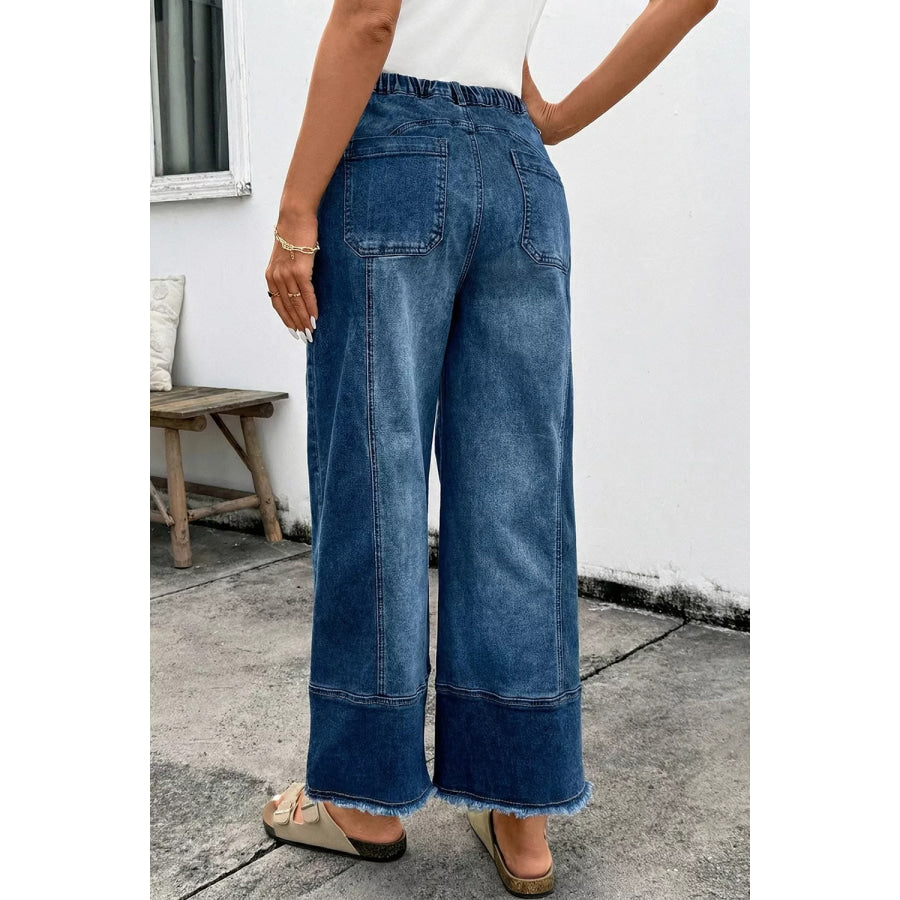 Drawstring Seam Detail Raw Hem Wide Leg Denim Pants Apparel and Accessories