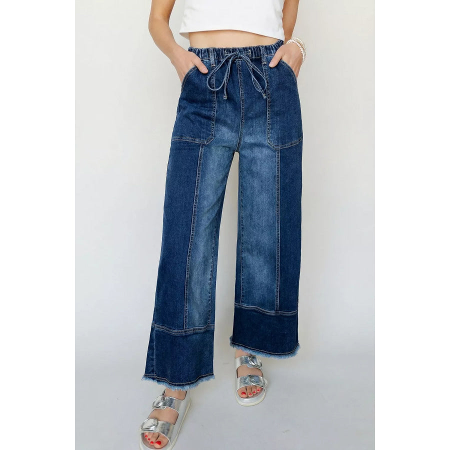Drawstring Seam Detail Raw Hem Wide Leg Denim Pants Medium / 4 Apparel and Accessories