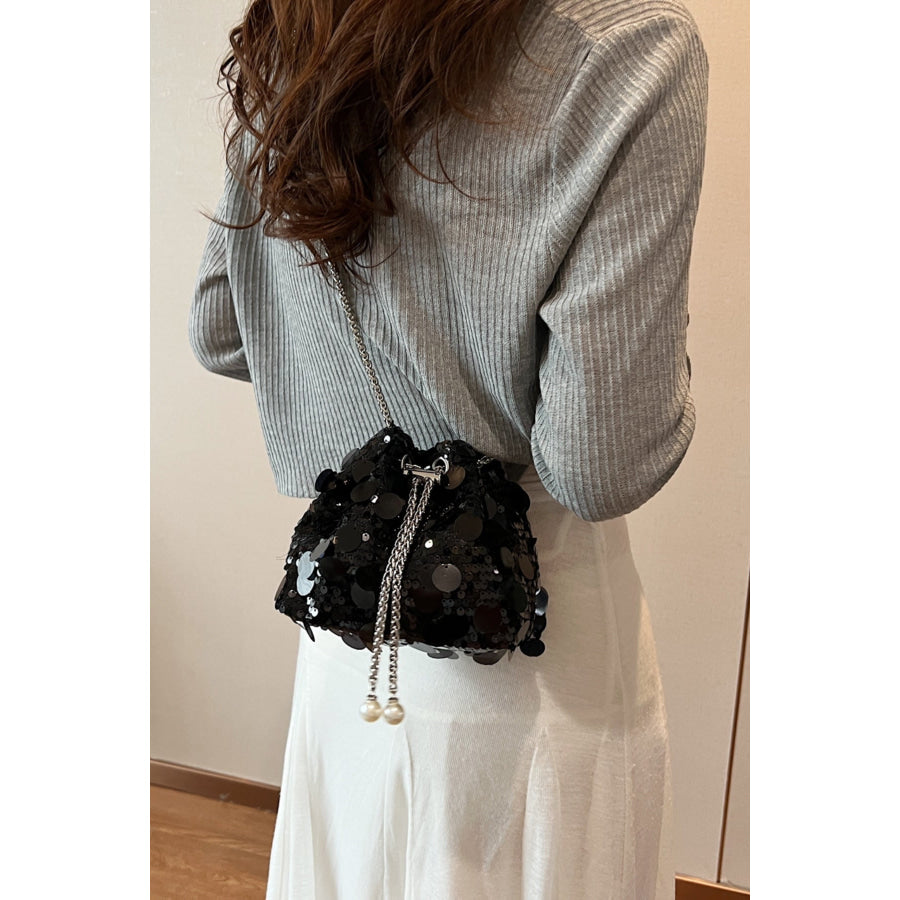 Drawstring Sequin Crossbody Bag Black / One Size Apparel and Accessories