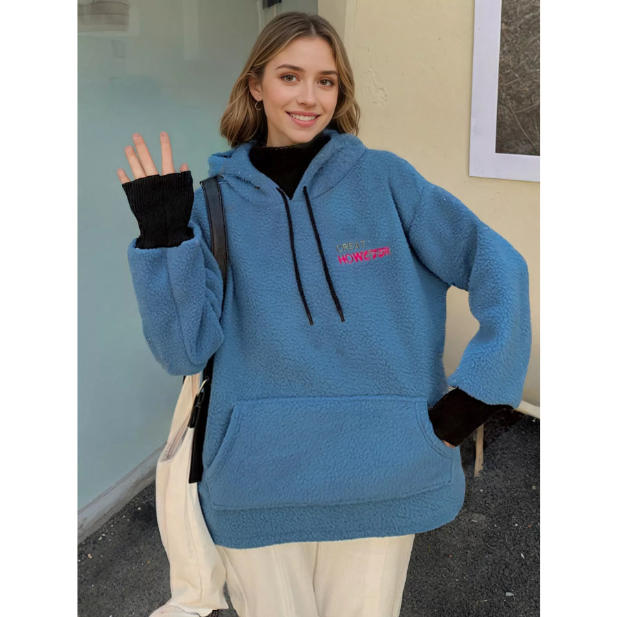 Drawstring Sherpa Kangaroo Pocket Hoodie Apparel and Accessories