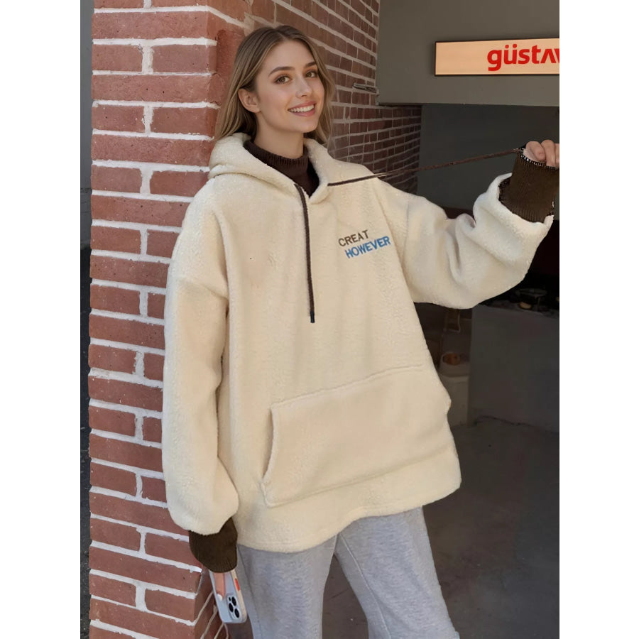 Drawstring Sherpa Kangaroo Pocket Hoodie Apparel and Accessories