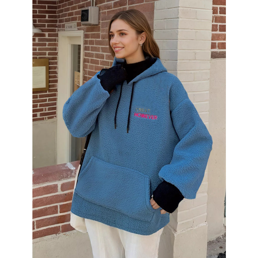 Drawstring Sherpa Kangaroo Pocket Hoodie Apparel and Accessories