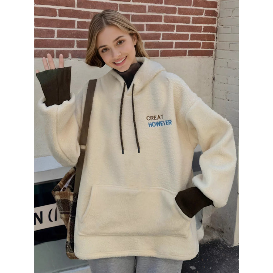 Drawstring Sherpa Kangaroo Pocket Hoodie Apricot / One Size Apparel and Accessories