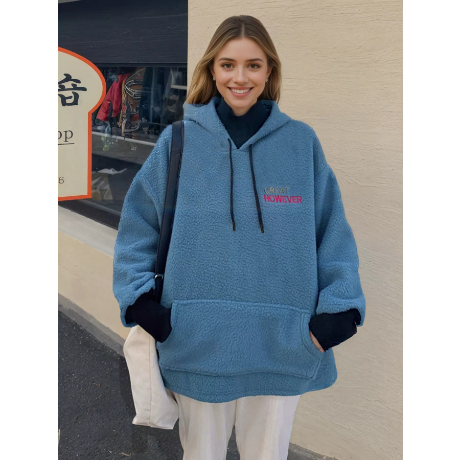 Drawstring Sherpa Kangaroo Pocket Hoodie Blue / One Size Apparel and Accessories