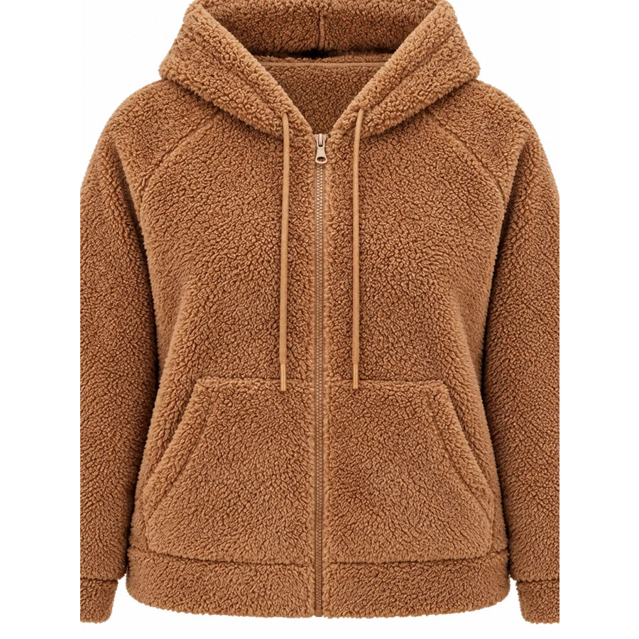Drawstring Sherpa Zip-Up Hoodie Apparel and Accessories