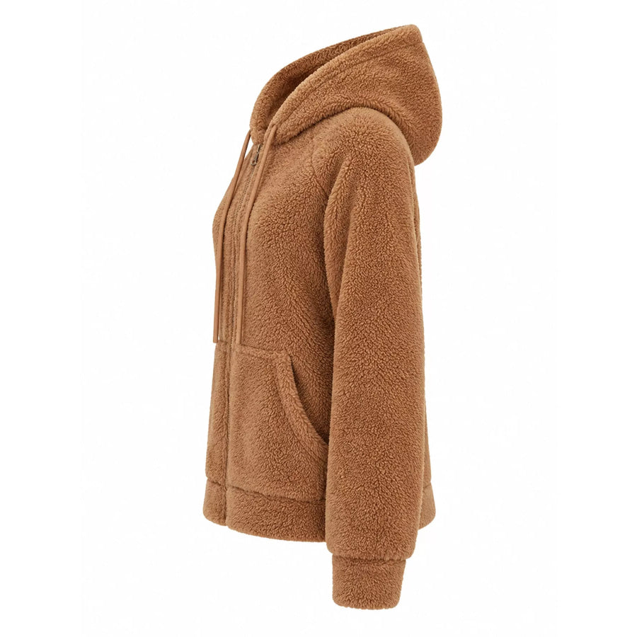 Drawstring Sherpa Zip-Up Hoodie Apparel and Accessories