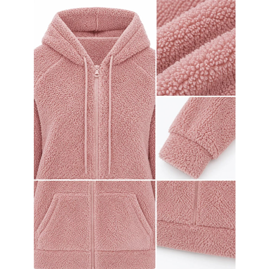 Drawstring Sherpa Zip-Up Hoodie Apparel and Accessories