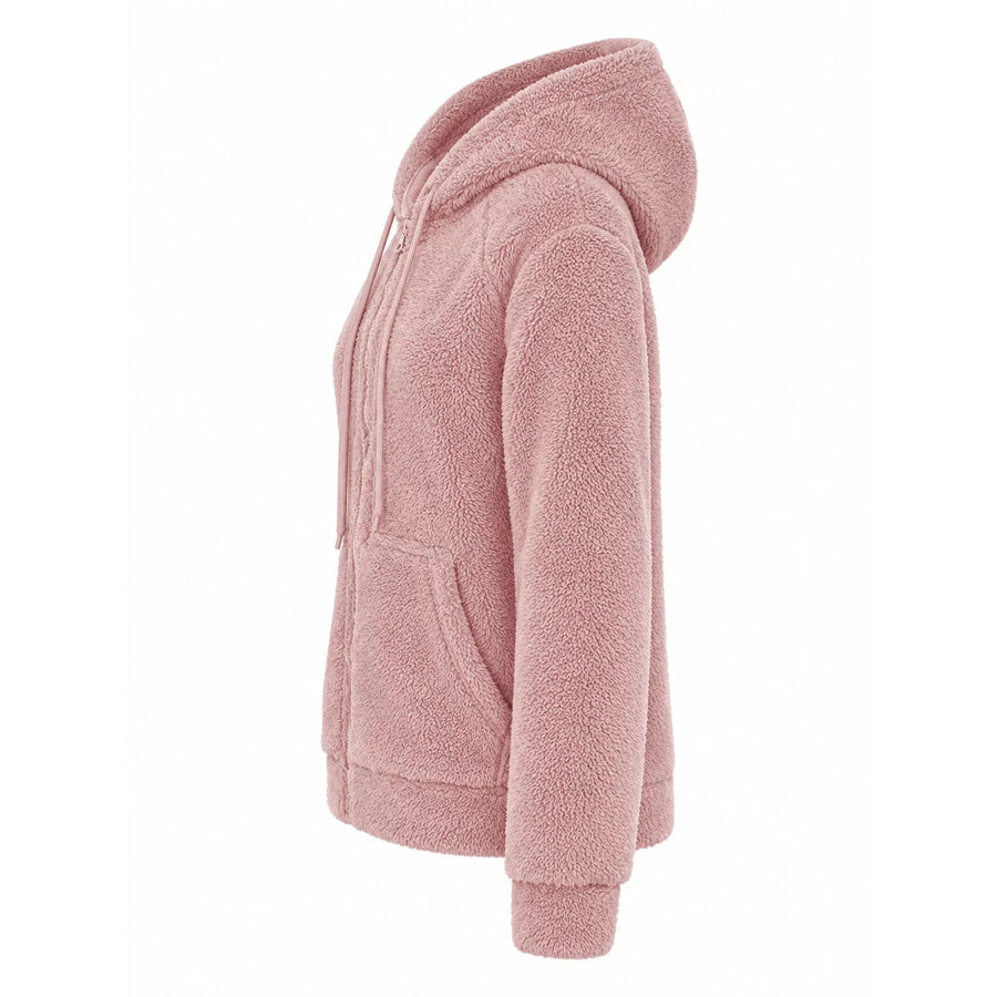 Drawstring Sherpa Zip-Up Hoodie Apparel and Accessories