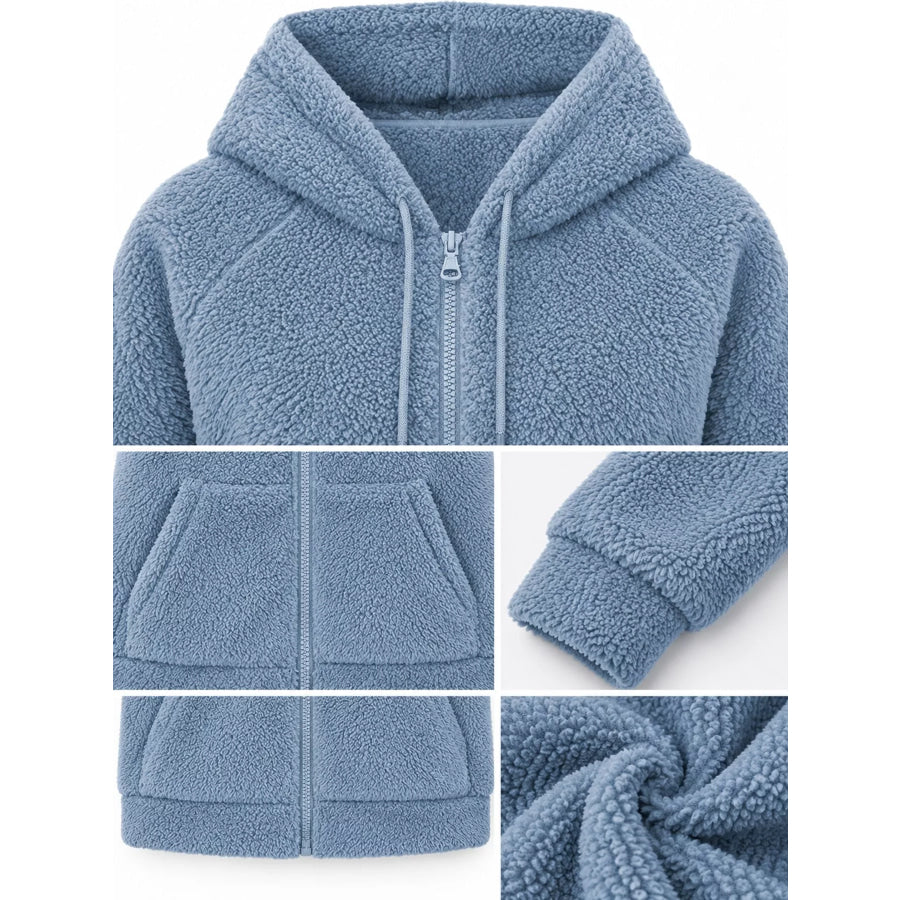 Drawstring Sherpa Zip-Up Hoodie Apparel and Accessories