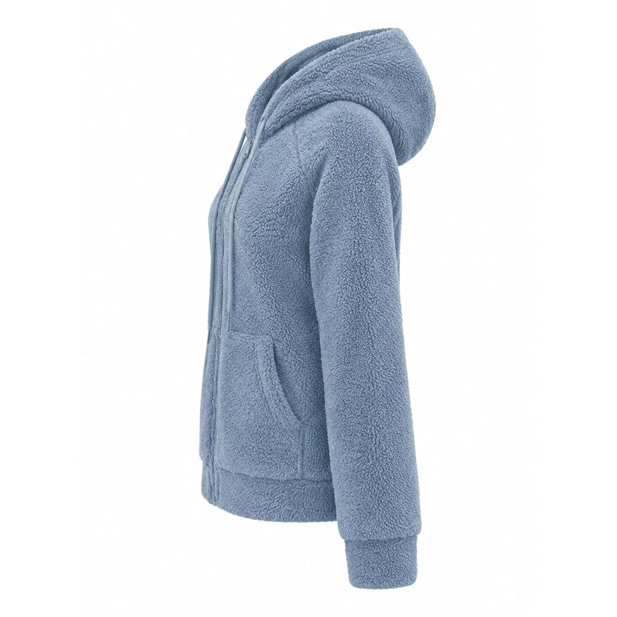 Drawstring Sherpa Zip-Up Hoodie Apparel and Accessories
