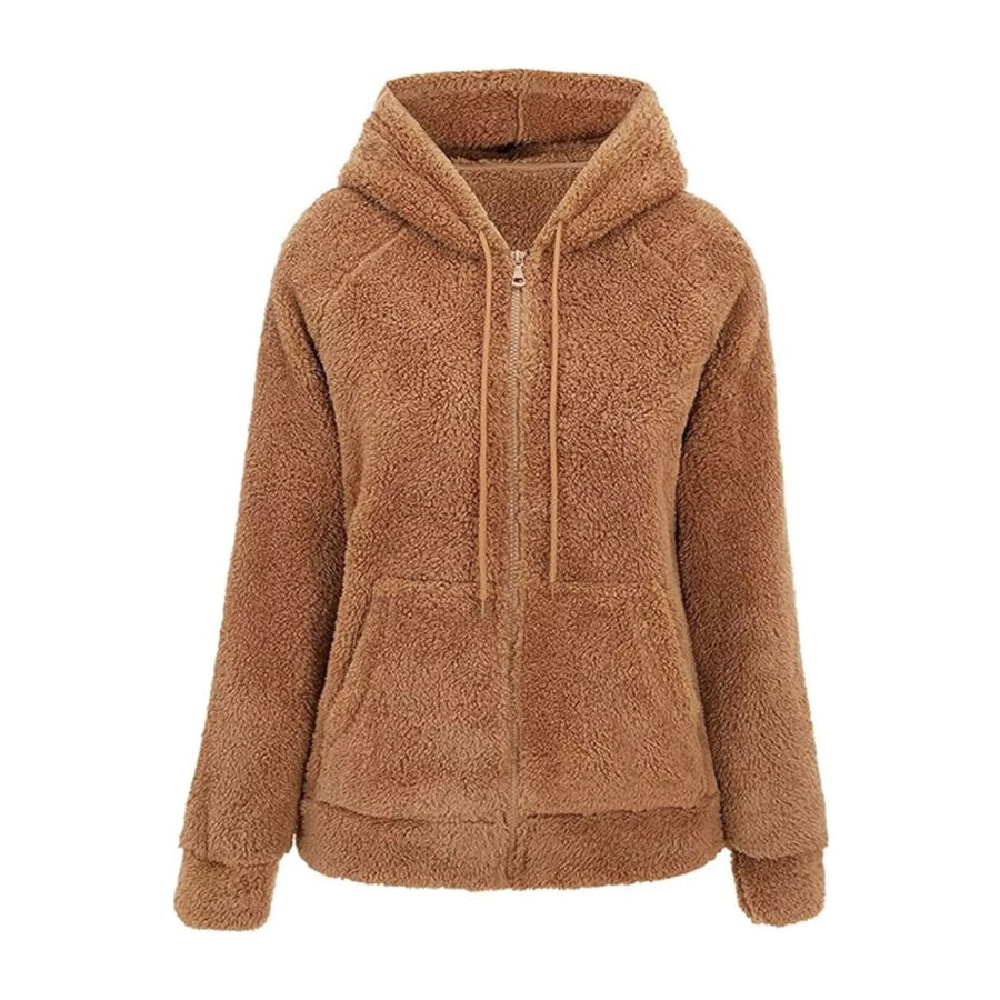 Drawstring Sherpa Zip-Up Hoodie Caramel / S Apparel and Accessories