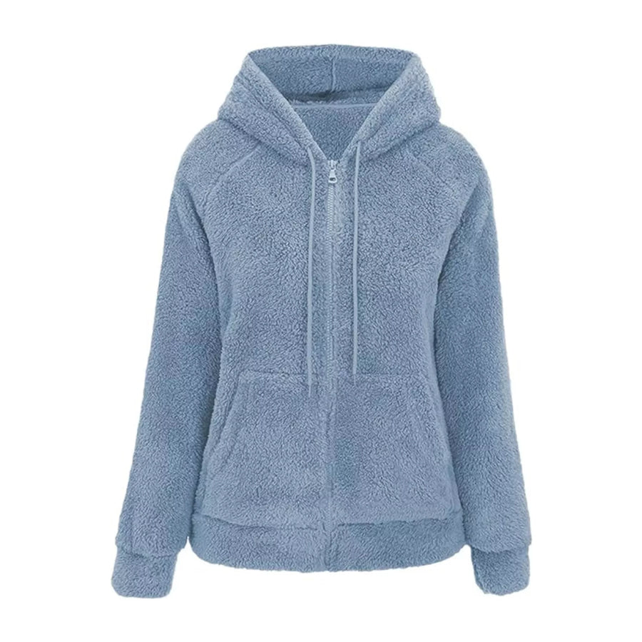 Drawstring Sherpa Zip-Up Hoodie Ocean Blue / S Apparel and Accessories