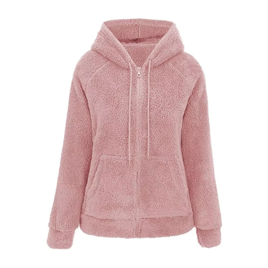 Drawstring Sherpa Zip-Up Hoodie Peach / S Apparel and Accessories