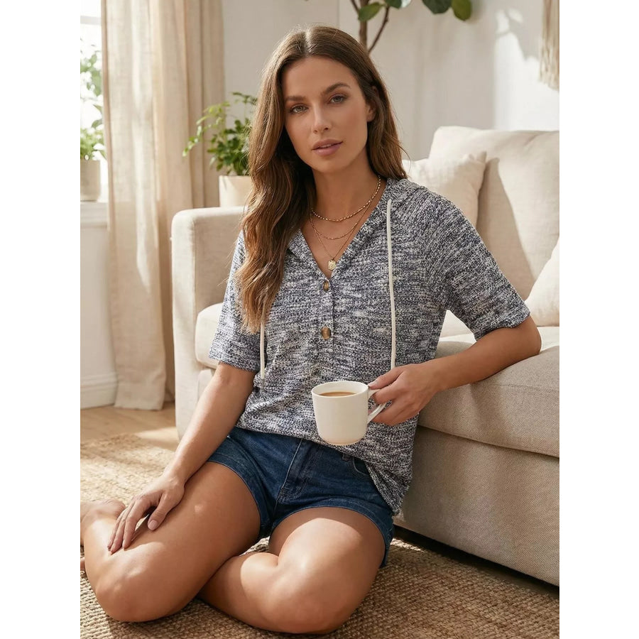 Drawstring Short Sleeve Hooded Top Apparel and Accessories