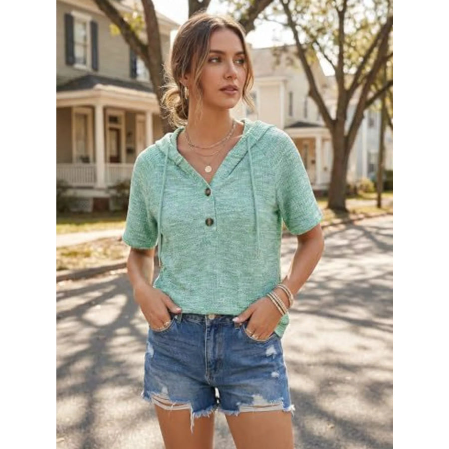 Drawstring Short Sleeve Hooded Top Apparel and Accessories