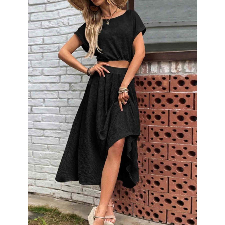 Drawstring Short Sleeve Top and Pleated Skirt Set Black / S