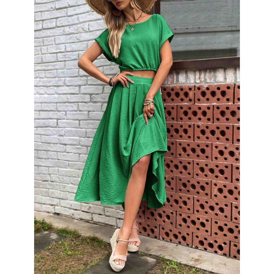 Drawstring Short Sleeve Top and Pleated Skirt Set Mid Green / S