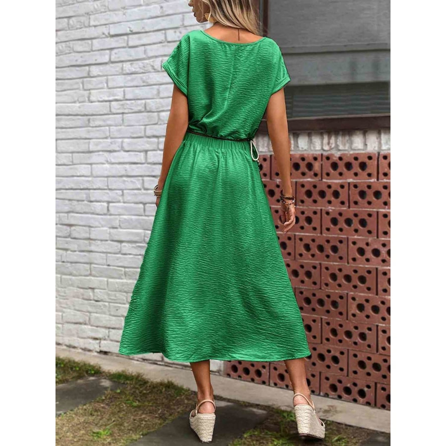 Drawstring Short Sleeve Top and Pleated Skirt Set Mid Green / S